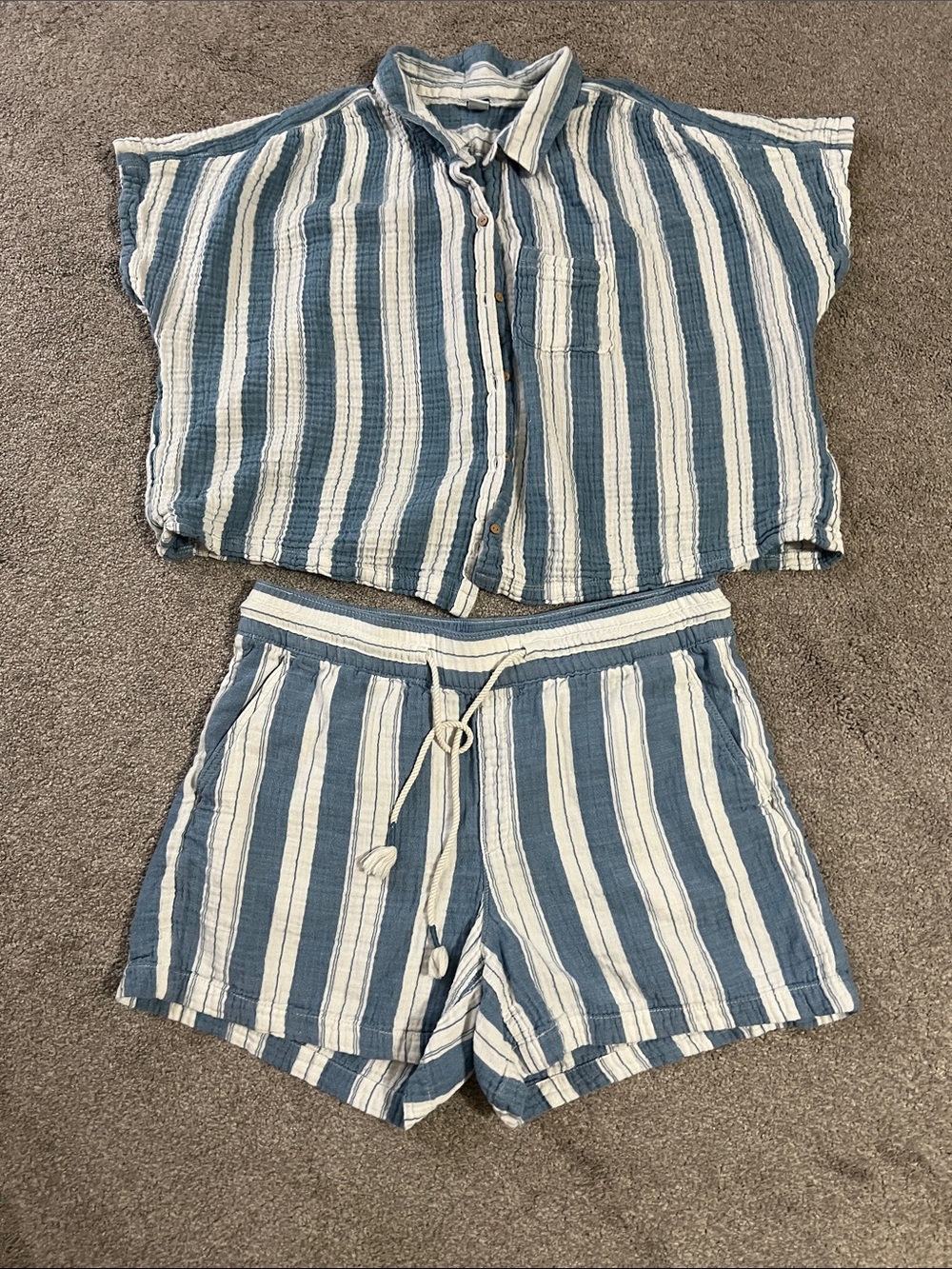 Old Navy Blue White Striped Cotton Gauze Shirt Shorts Set L